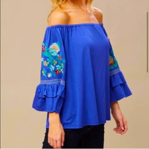 Altar’d State Boho Embroidered Floral Bell Sleeve Off The Shoulder Blouse - Picture 1 of 14